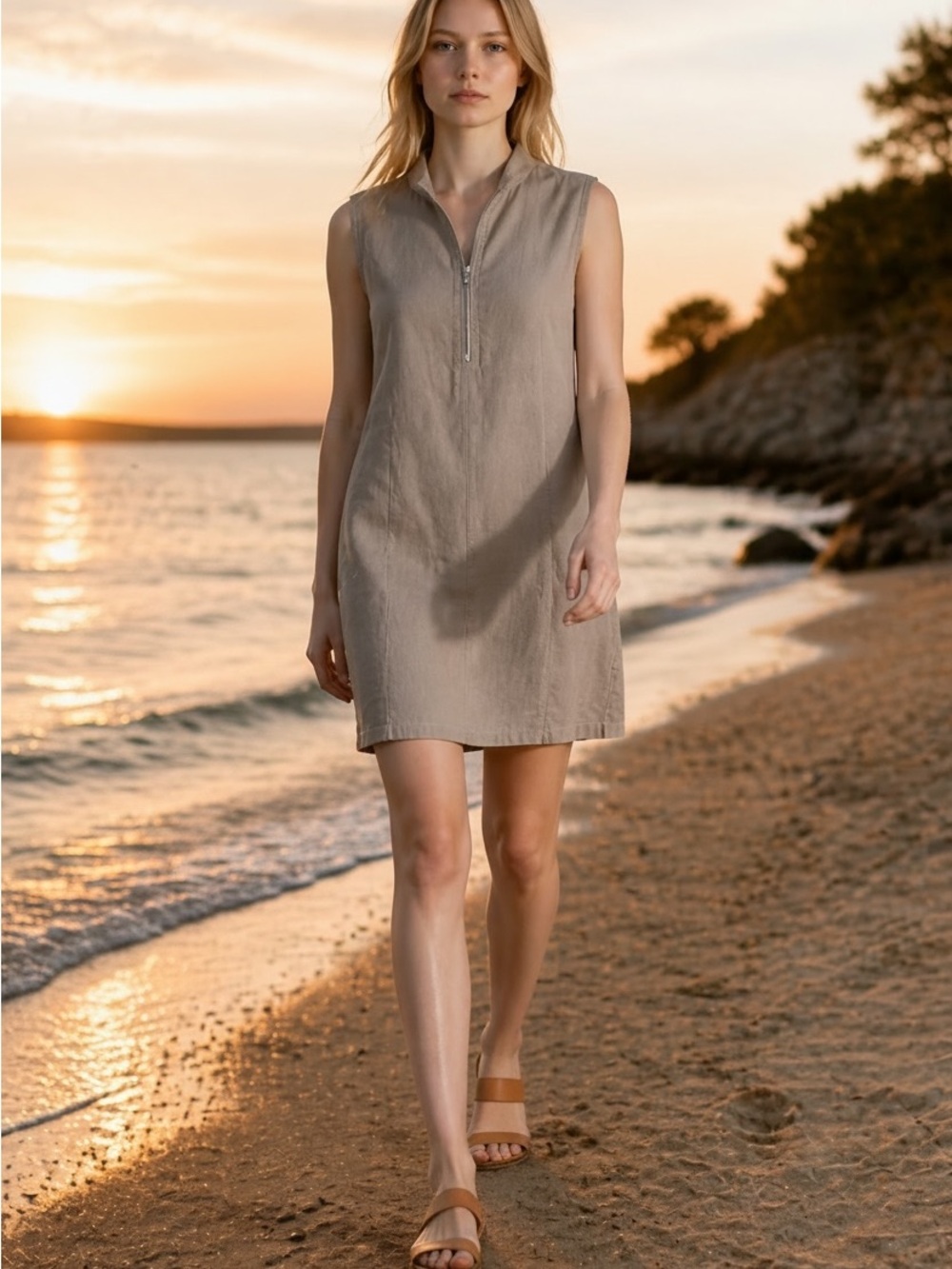 Lungo L'Arno 100% Linen Sleeveless Dress Taupe Zip Collar Casual Shift Italy -M